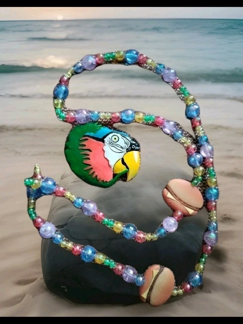 Colorful Parrot Beaded Bird And Cheeseburgers Necklace Adult Size Multicolor